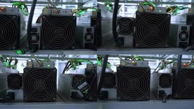 A well-organized mining farm with rows of mining rigs.